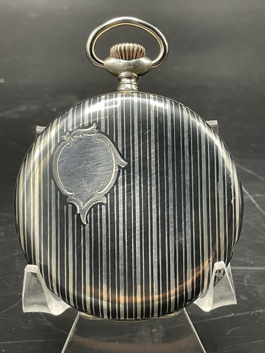 Pocket Watch Or Pocket Watch In Solid Silver With Niello Decoration Of A Vertical Straight Line And Crest-photo-5