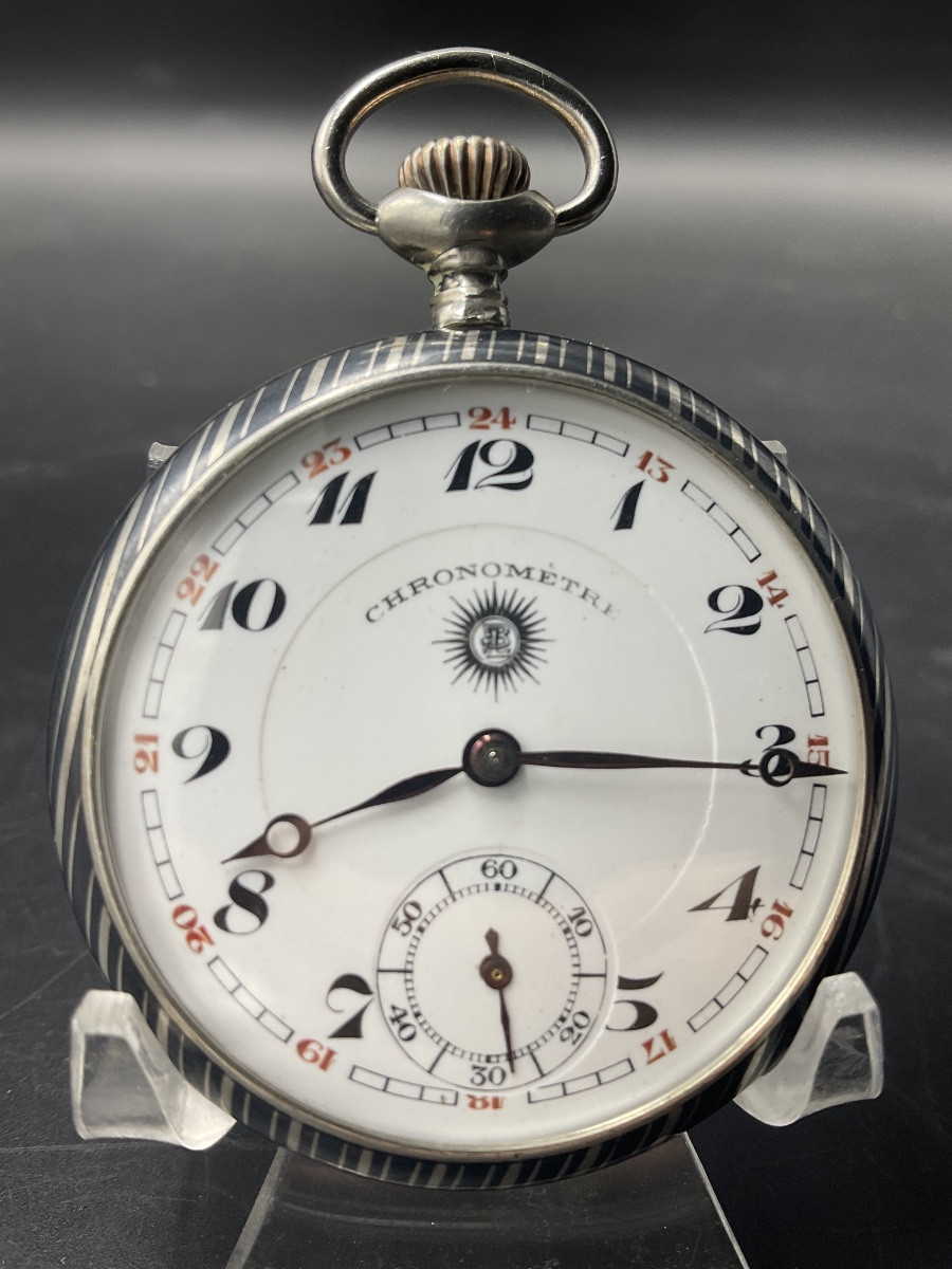 Pocket Watch Or Pocket Watch In Solid Silver With Niello Decoration Of A Vertical Straight Line And Crest-photo-6