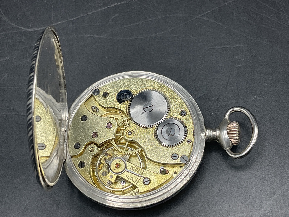 Pocket Watch Or Pocket Watch In Solid Silver With Niello Decoration Of A Vertical Straight Line And Crest-photo-7