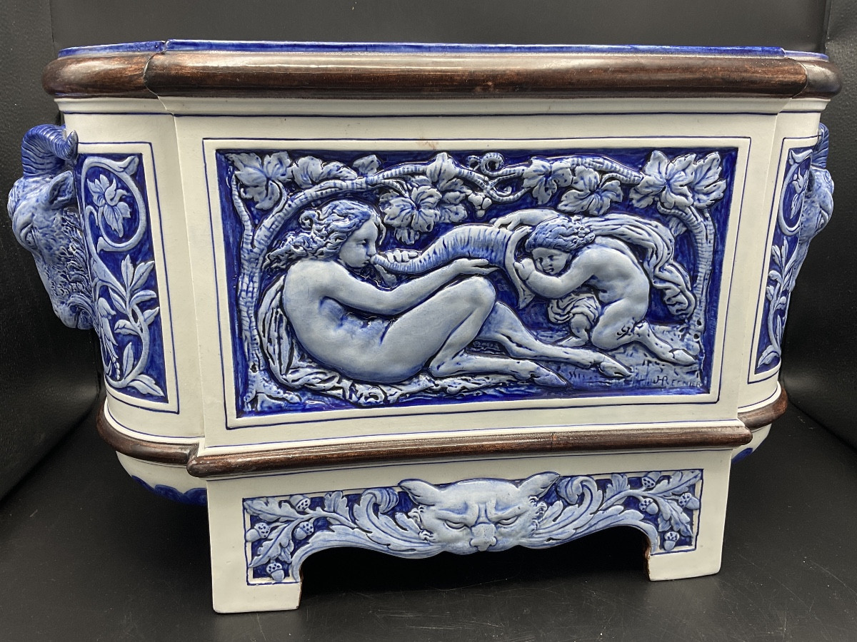 Gien Earthenware Planter Decorated With A Greek Mythological Scene From The Legend Of Dionysus.-photo-4