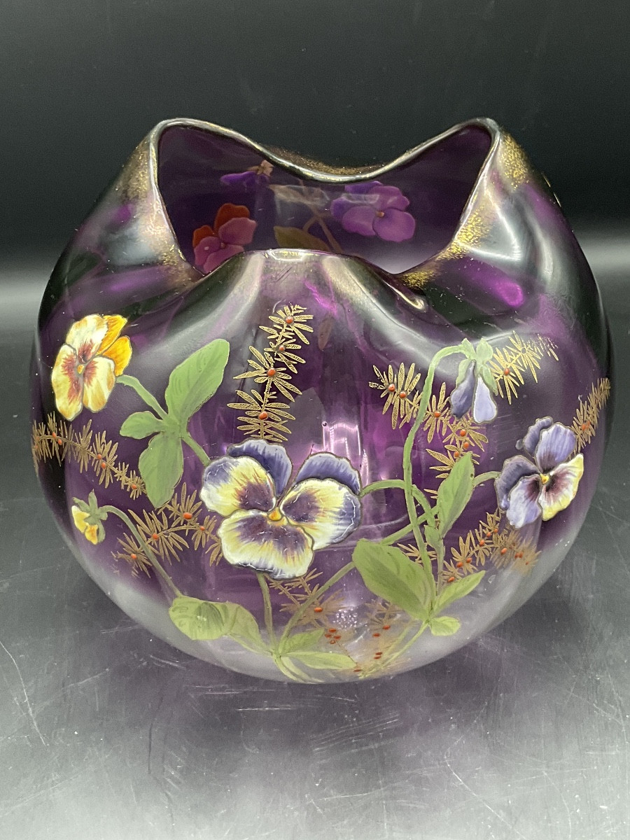 Vase boule Legras facetté en cristal clair dégradé violet émaillé à décor tournant aux pensées -photo-6