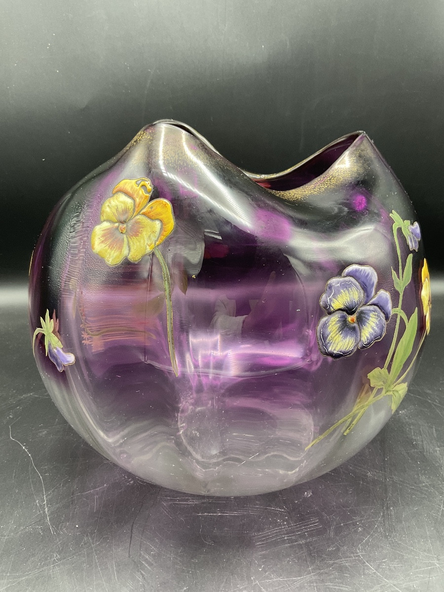 Vase boule Legras facetté en cristal clair dégradé violet émaillé à décor tournant aux pensées -photo-7
