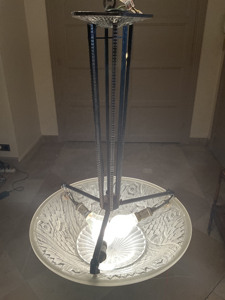 Schneider Basin Chandelier In Pressed Molded Glass Decorated With Stylized Leaves And Floral Motifs. -photo-3