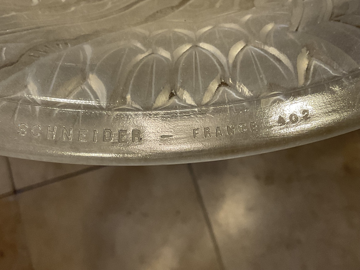 Schneider Basin Chandelier In Pressed Molded Glass Decorated With Stylized Leaves And Floral Motifs. -photo-4