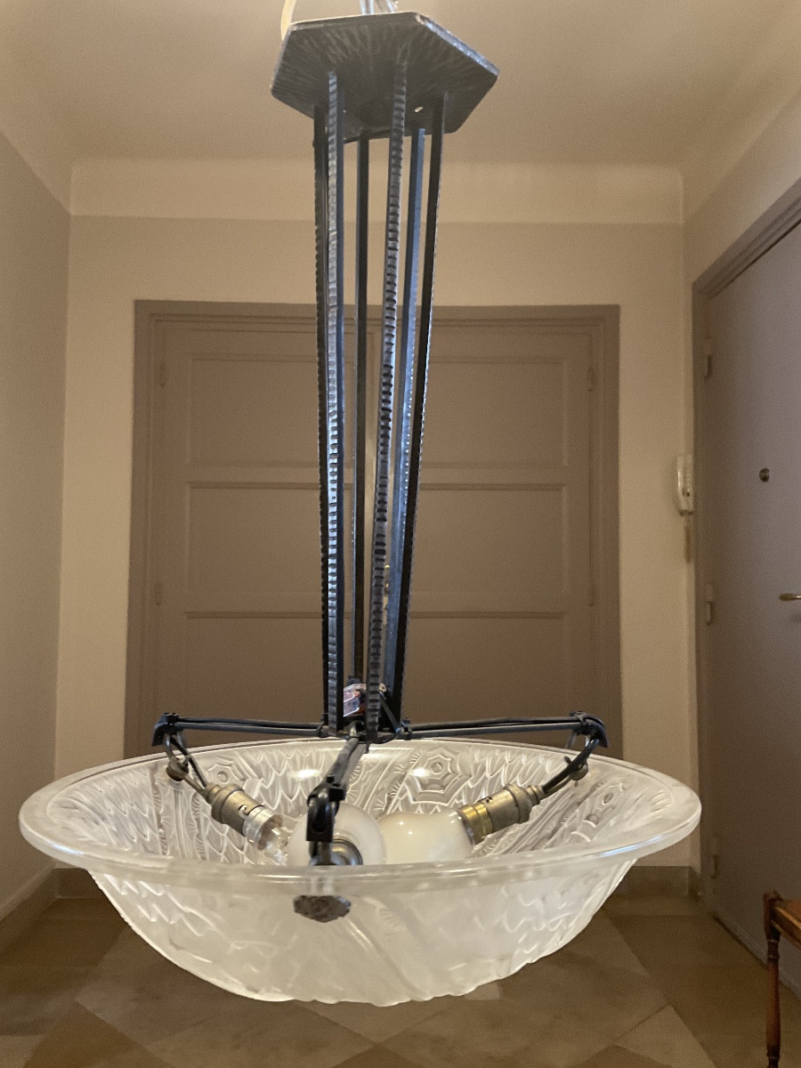 Schneider Basin Chandelier In Pressed Molded Glass Decorated With Stylized Leaves And Floral Motifs. -photo-5