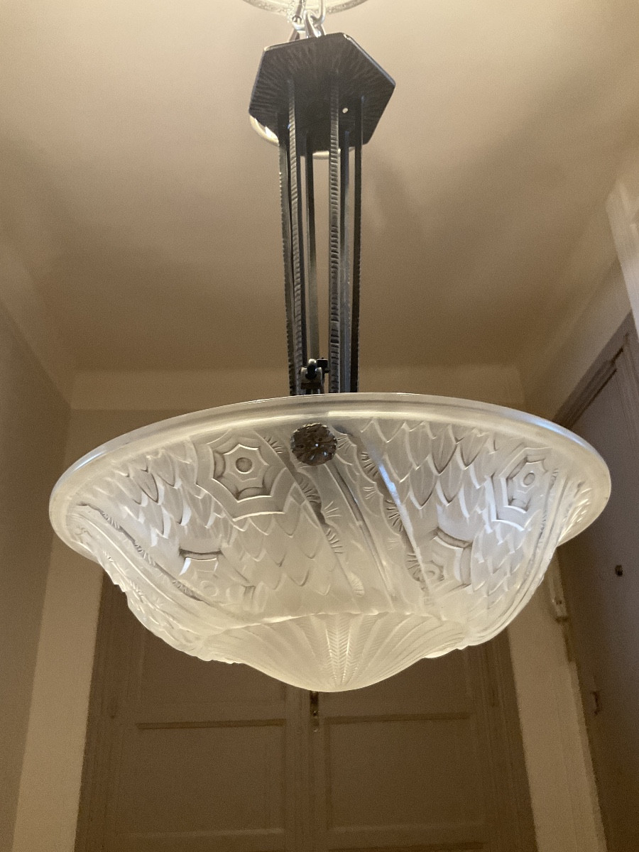 Schneider Basin Chandelier In Pressed Molded Glass Decorated With Stylized Leaves And Floral Motifs. -photo-6