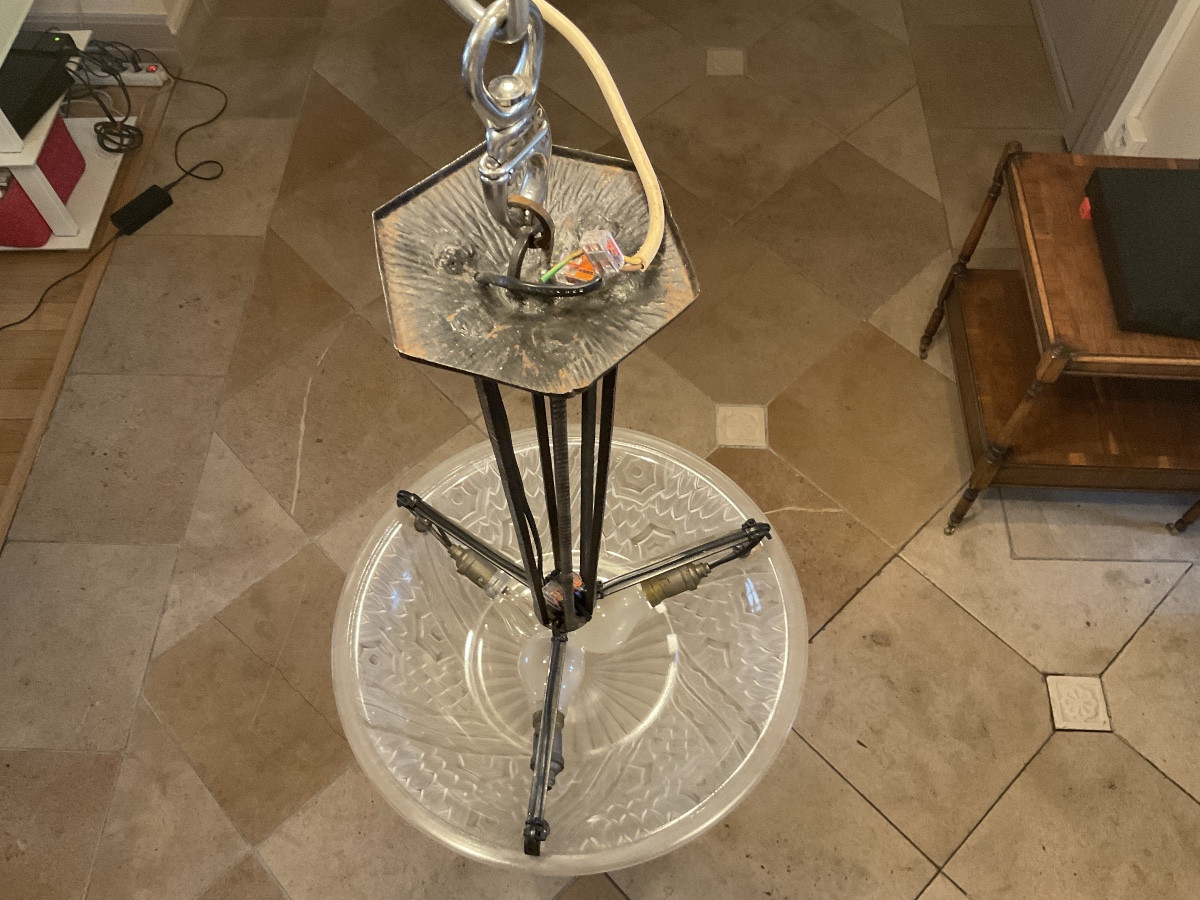 Schneider Basin Chandelier In Pressed Molded Glass Decorated With Stylized Leaves And Floral Motifs. -photo-7