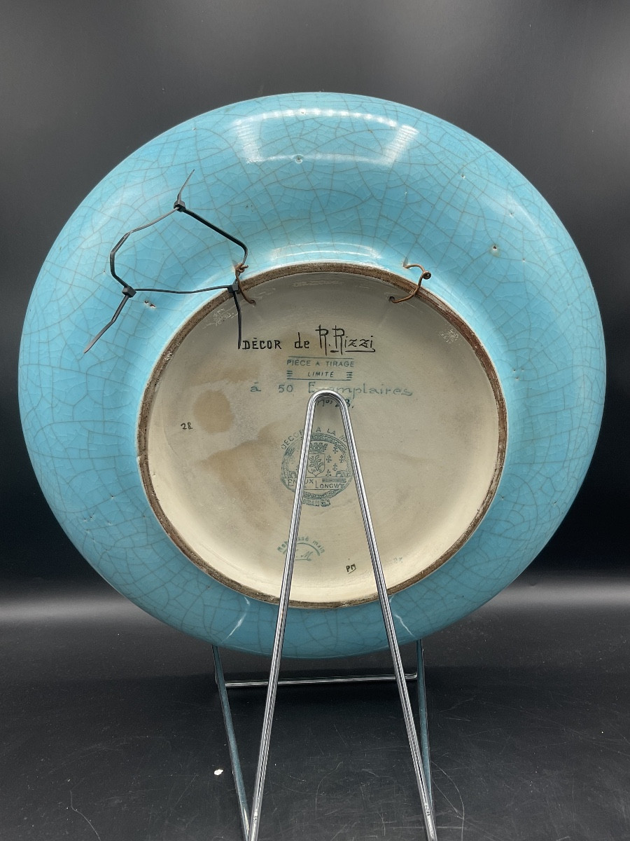 Jatte en faïence d’émaux de Longwy polychrome représentant deux grues en vol signé R.Rizzi.-photo-2