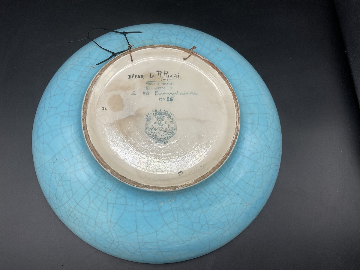 Jatte en faïence d’émaux de Longwy polychrome représentant deux grues en vol signé R.Rizzi.-photo-3