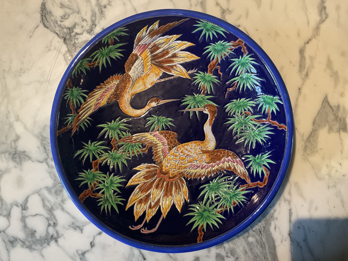 Jatte en faïence d’émaux de Longwy polychrome représentant deux grues en vol signé R.Rizzi.-photo-7