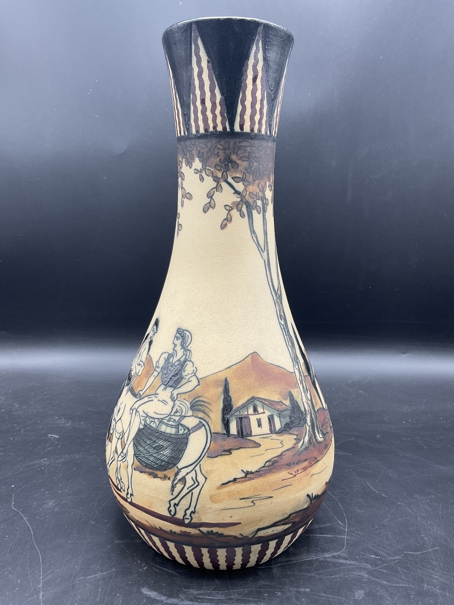 Polychrome Ciboure Vase With A Rotating Decoration Of A Basque Couple Riding Two Mules.-photo-4