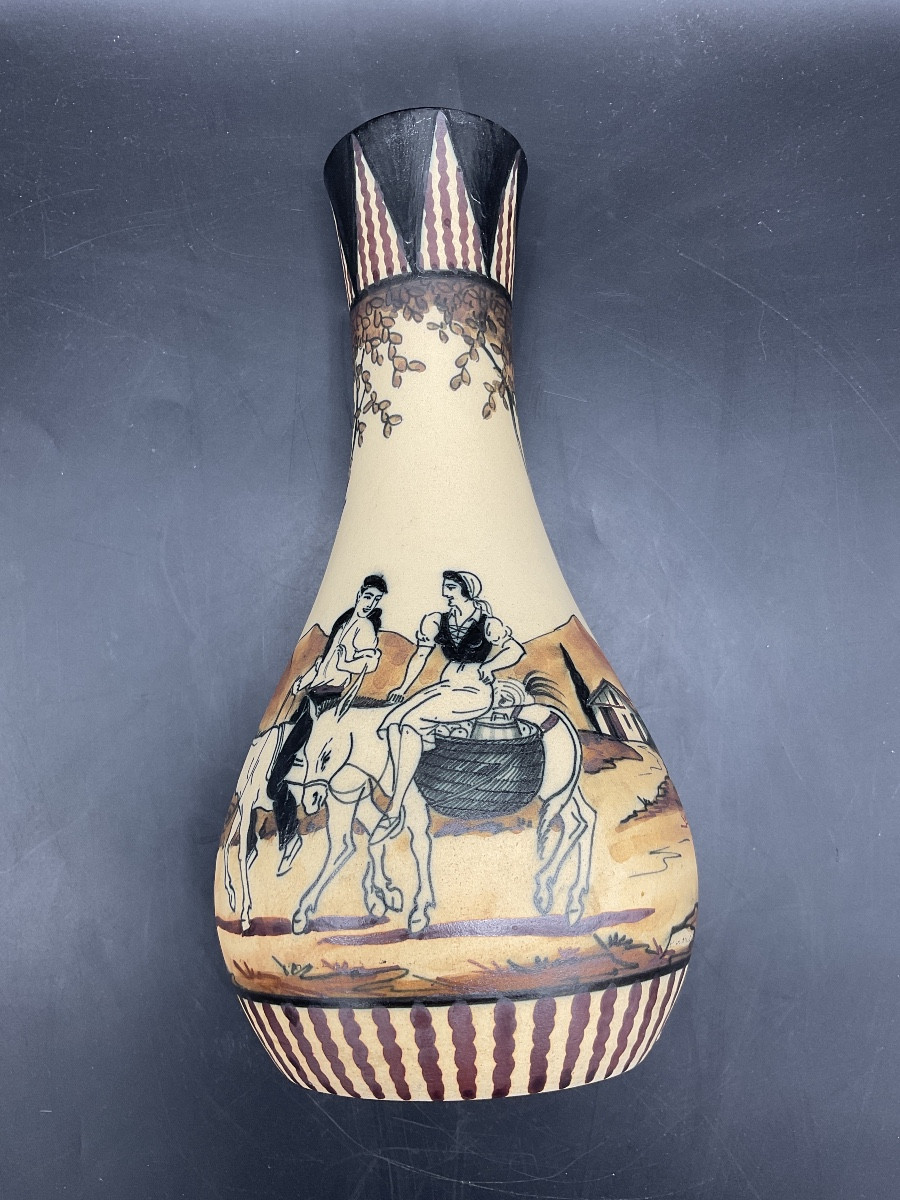 Polychrome Ciboure Vase With A Rotating Decoration Of A Basque Couple Riding Two Mules.-photo-6