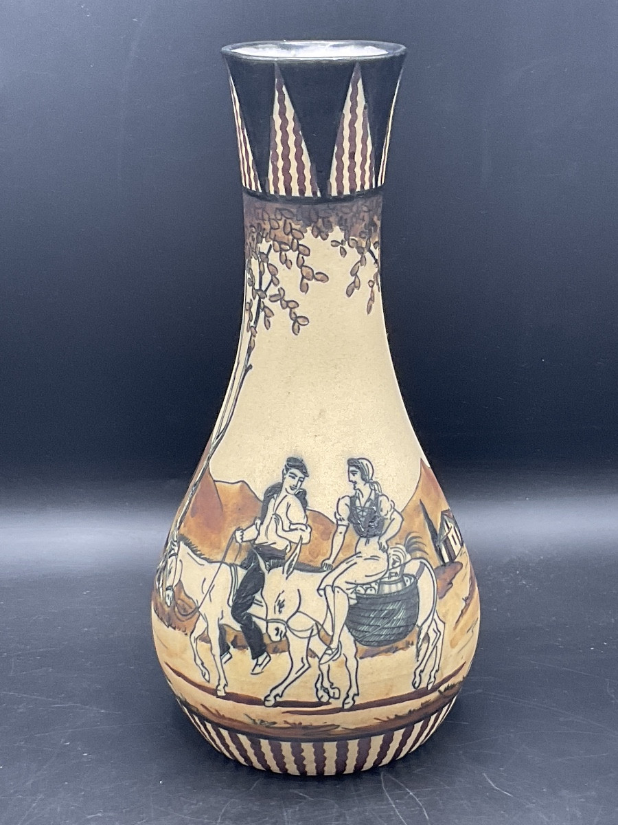 Polychrome Ciboure Vase With A Rotating Decoration Of A Basque Couple Riding Two Mules.