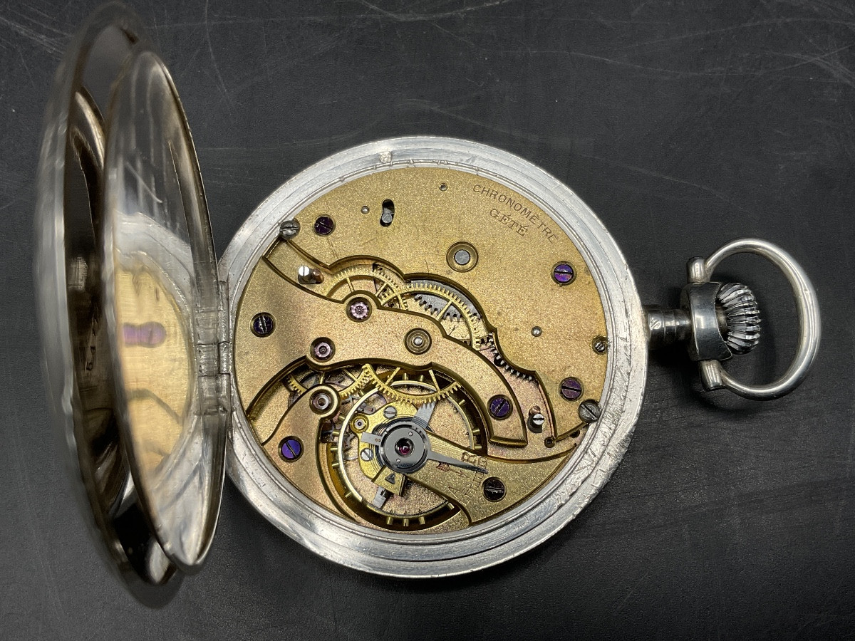 Montre à gousset ou de poche de marque Gété en argent décor de ligne droite vertical et rinceau-photo-8