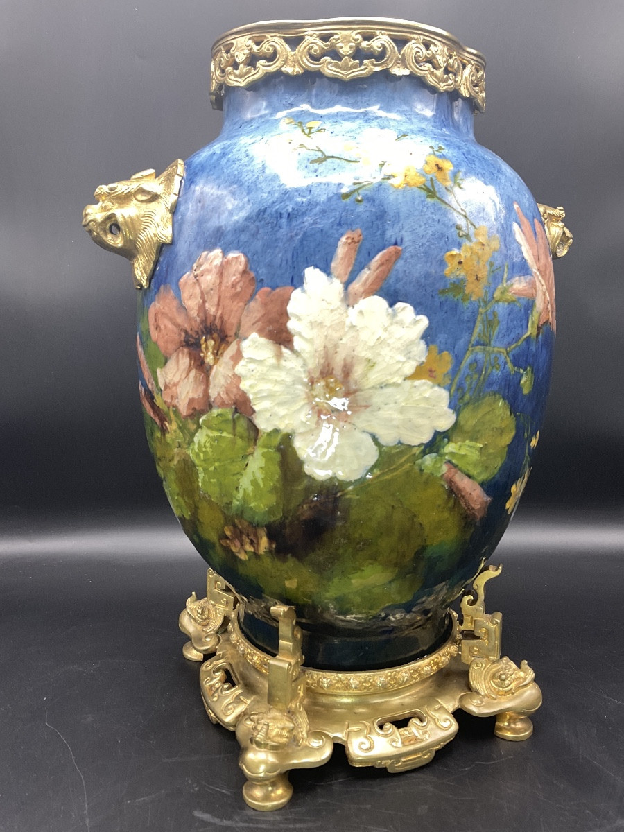 Vase en barbotine coloré impressionniste de la manufacture Haviland décor de fleurs signé E.G. -photo-2