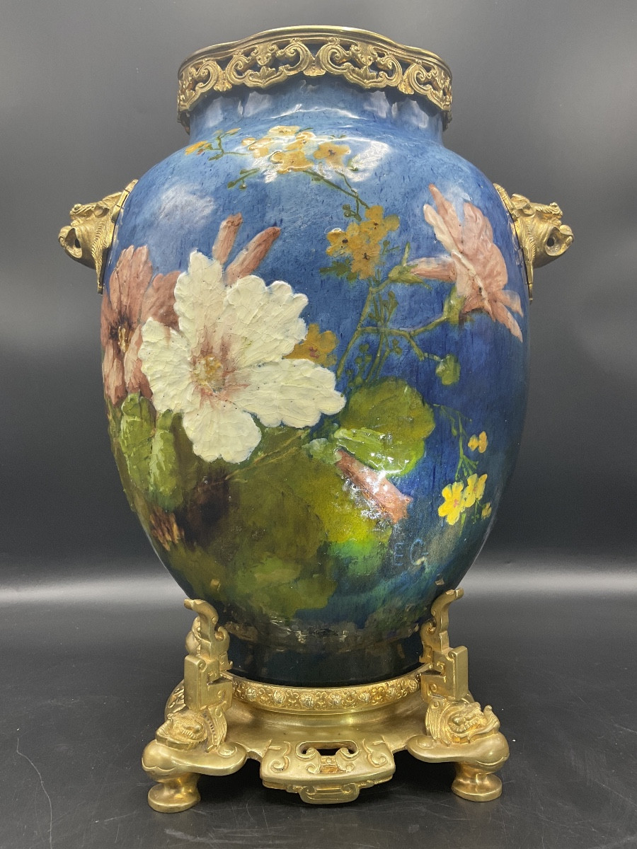 Vase en barbotine coloré impressionniste de la manufacture Haviland décor de fleurs signé E.G. -photo-3