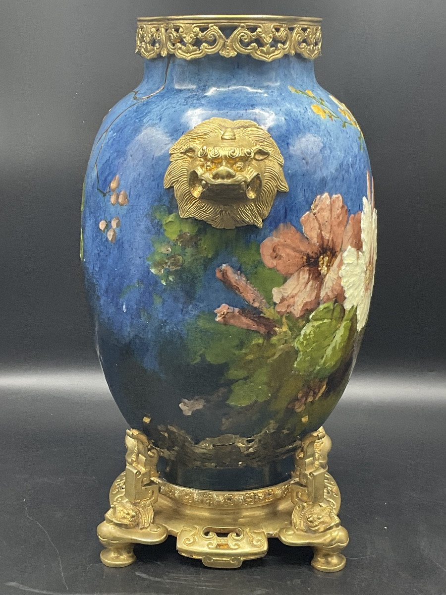 Vase en barbotine coloré impressionniste de la manufacture Haviland décor de fleurs signé E.G. -photo-2