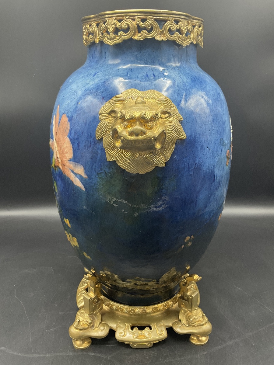 Vase en barbotine coloré impressionniste de la manufacture Haviland décor de fleurs signé E.G. -photo-3