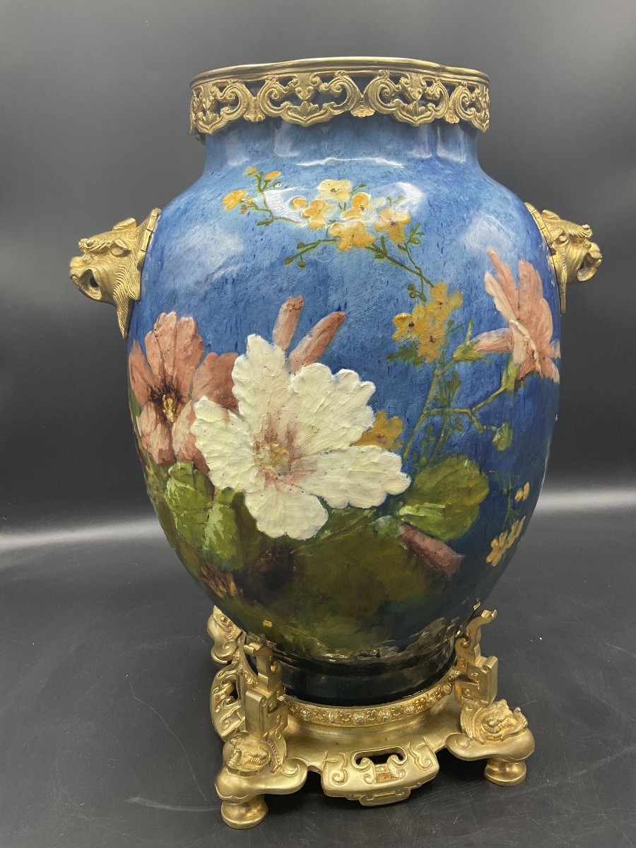 Vase en barbotine coloré impressionniste de la manufacture Haviland décor de fleurs signé E.G. -photo-4
