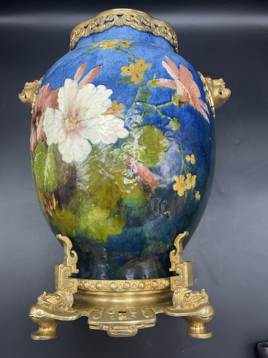 Vase en barbotine coloré impressionniste de la manufacture Haviland décor de fleurs signé E.G. -photo-8