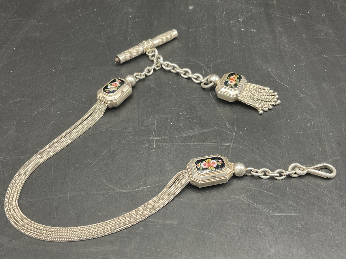 Chaîne de montre à gousset ou de poche en argent massif à maille palmier et forçat à coulant.-photo-2