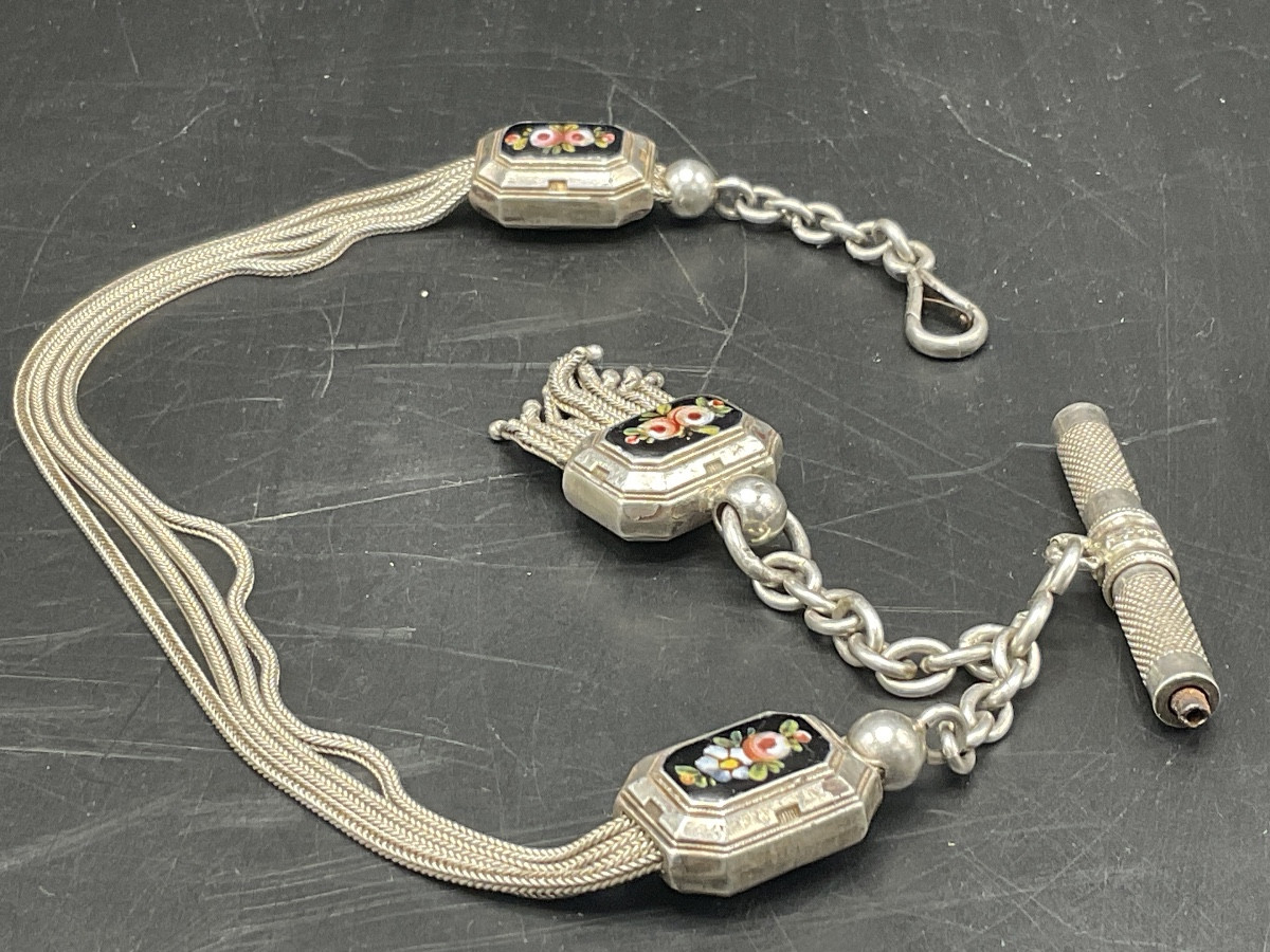 Chaîne de montre à gousset ou de poche en argent massif à maille palmier et forçat à coulant.-photo-3