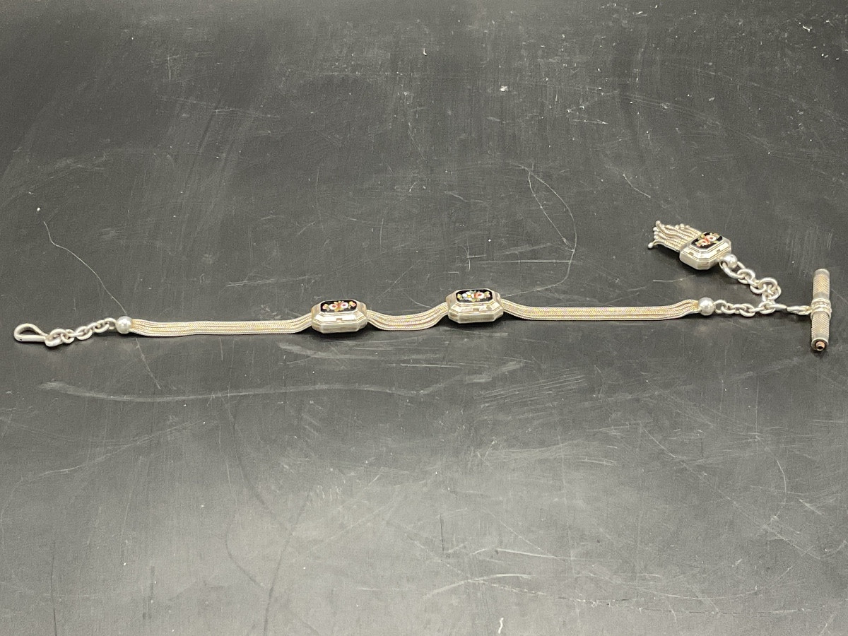 Chaîne de montre à gousset ou de poche en argent massif à maille palmier et forçat à coulant.-photo-4