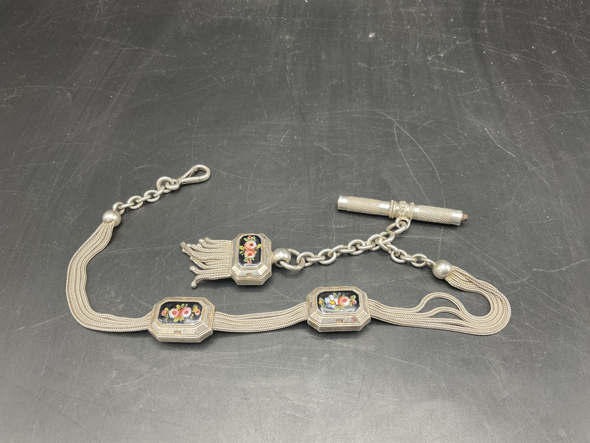 Chaîne de montre à gousset ou de poche en argent massif à maille palmier et forçat à coulant.-photo-1