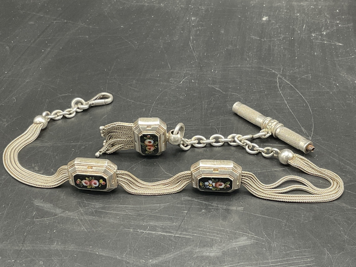 Chaîne de montre à gousset ou de poche en argent massif à maille palmier et forçat à coulant.-photo-2