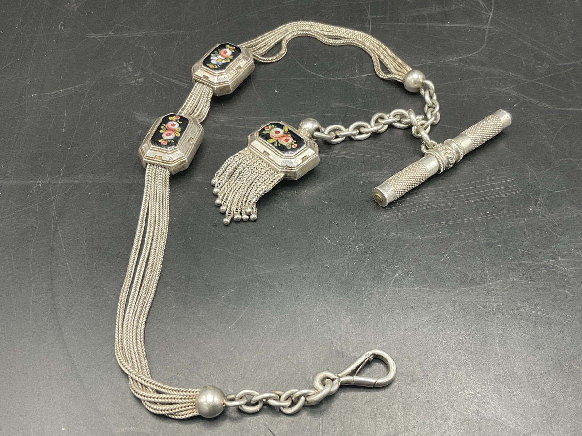 Chaîne de montre à gousset ou de poche en argent massif à maille palmier et forçat à coulant.-photo-3