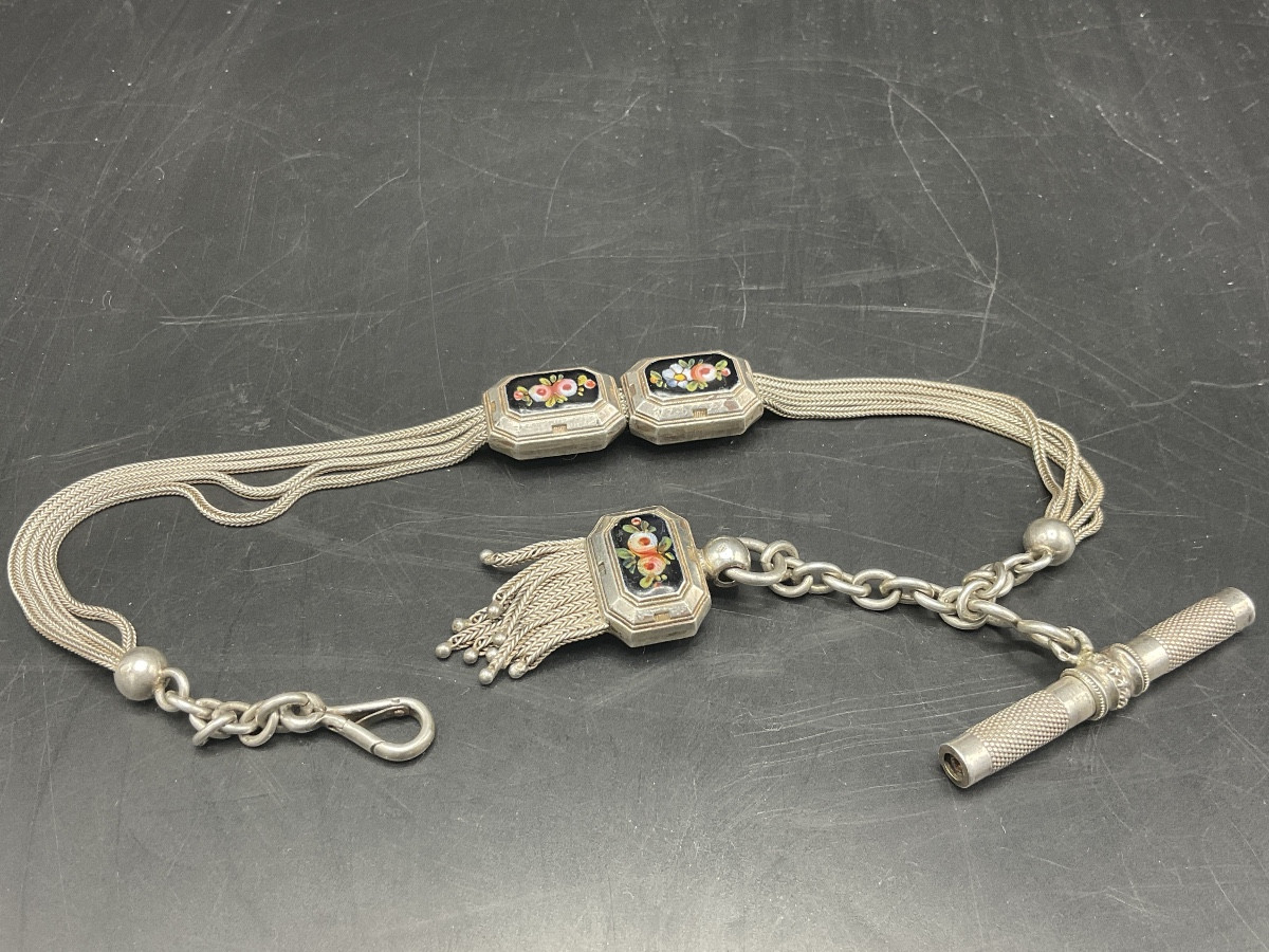 Chaîne de montre à gousset ou de poche en argent massif à maille palmier et forçat à coulant.-photo-4