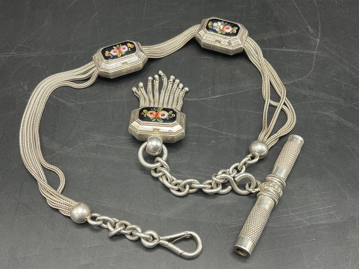 Chaîne de montre à gousset ou de poche en argent massif à maille palmier et forçat à coulant.-photo-5