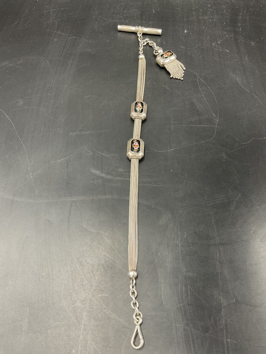 Chaîne de montre à gousset ou de poche en argent massif à maille palmier et forçat à coulant.-photo-6