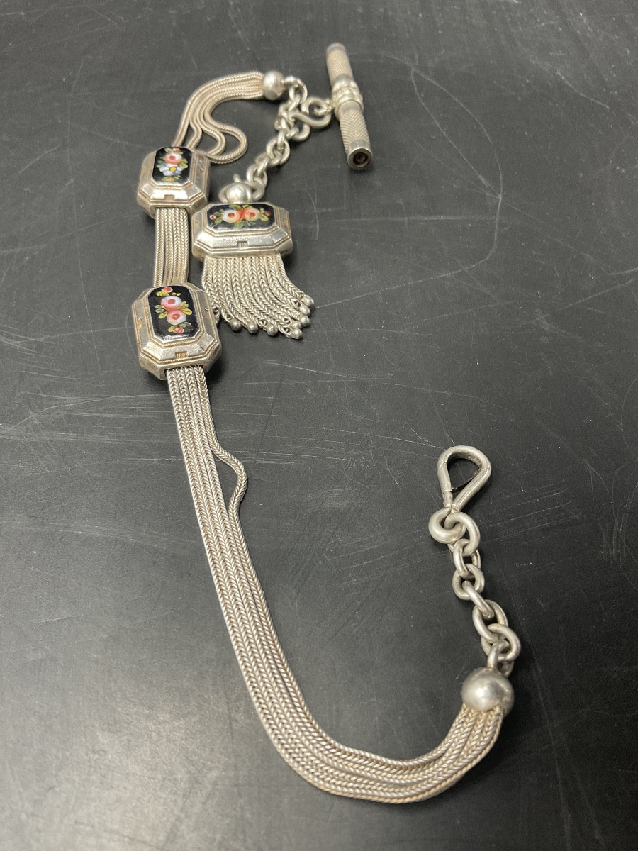 Chaîne de montre à gousset ou de poche en argent massif à maille palmier et forçat à coulant.-photo-7