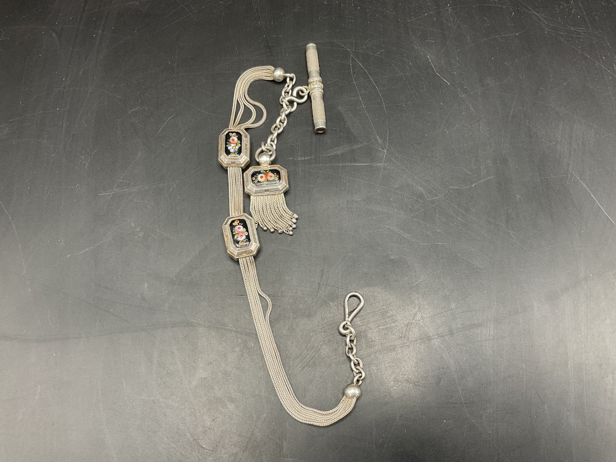 Chaîne de montre à gousset ou de poche en argent massif à maille palmier et forçat à coulant.-photo-8