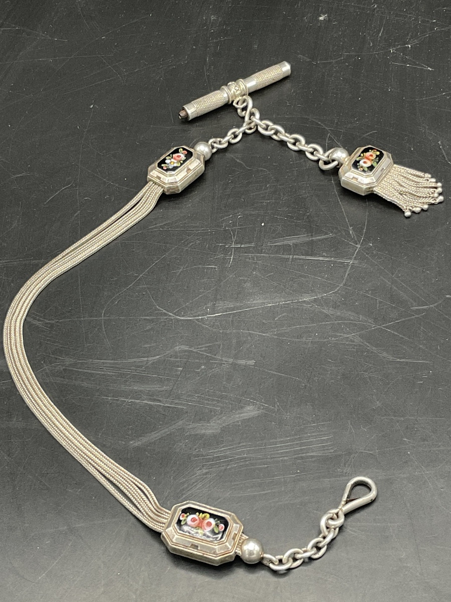 Chaîne de montre à gousset ou de poche en argent massif à maille palmier et forçat à coulant.