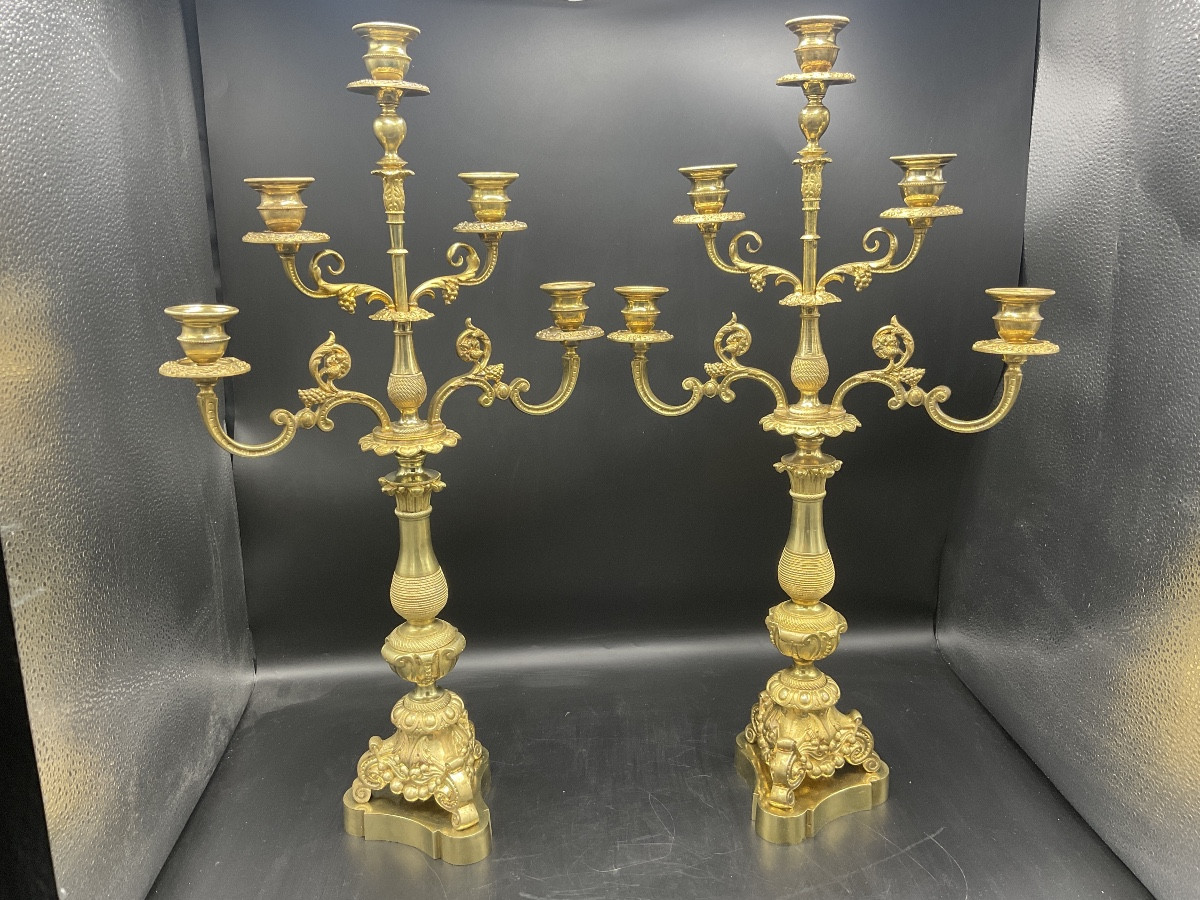 Pair Of Napoleon III Period Five-light Candelabra In Chased Gilt Bronze.-photo-1