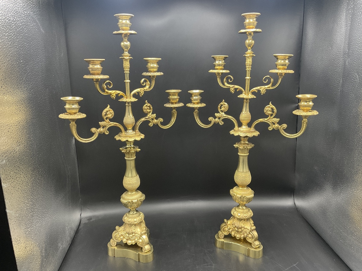 Pair Of Napoleon III Period Five-light Candelabra In Chased Gilt Bronze.-photo-7