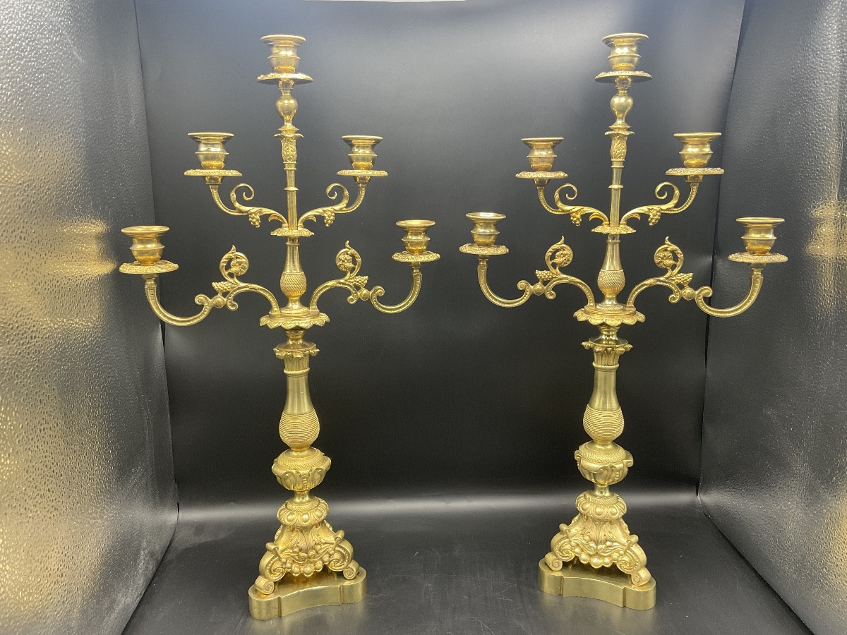Pair Of Napoleon III Period Five-light Candelabra In Chased Gilt Bronze.