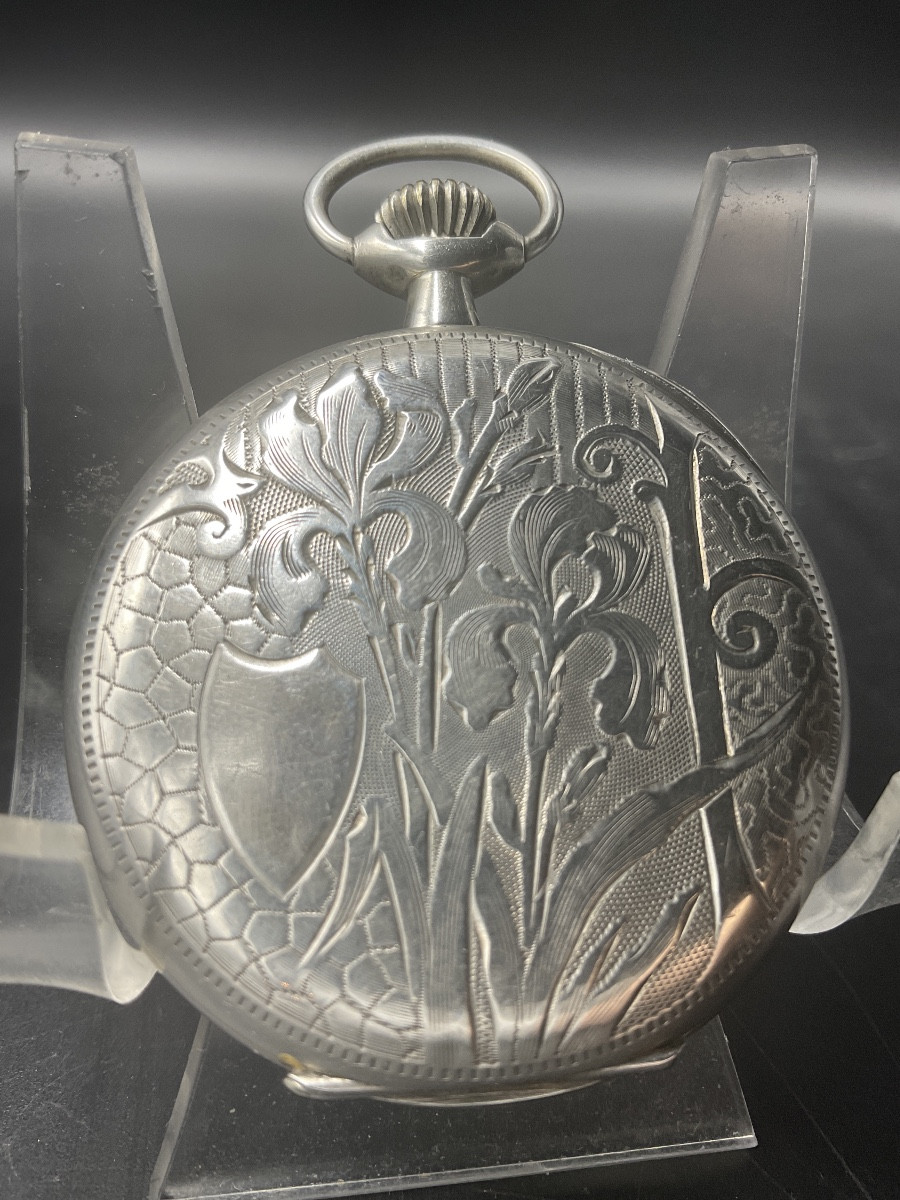 Pocket Watch Or Pocket Watch By Record Watch Co Geneva In Silver With Art Nouveau Decoration.-photo-3
