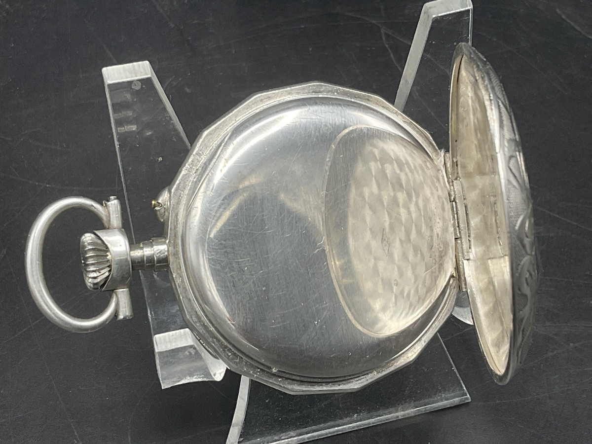 A Solid Silver Pocket Watch, Chased And Guilloché, Decorated With A Flower Basket.-photo-4