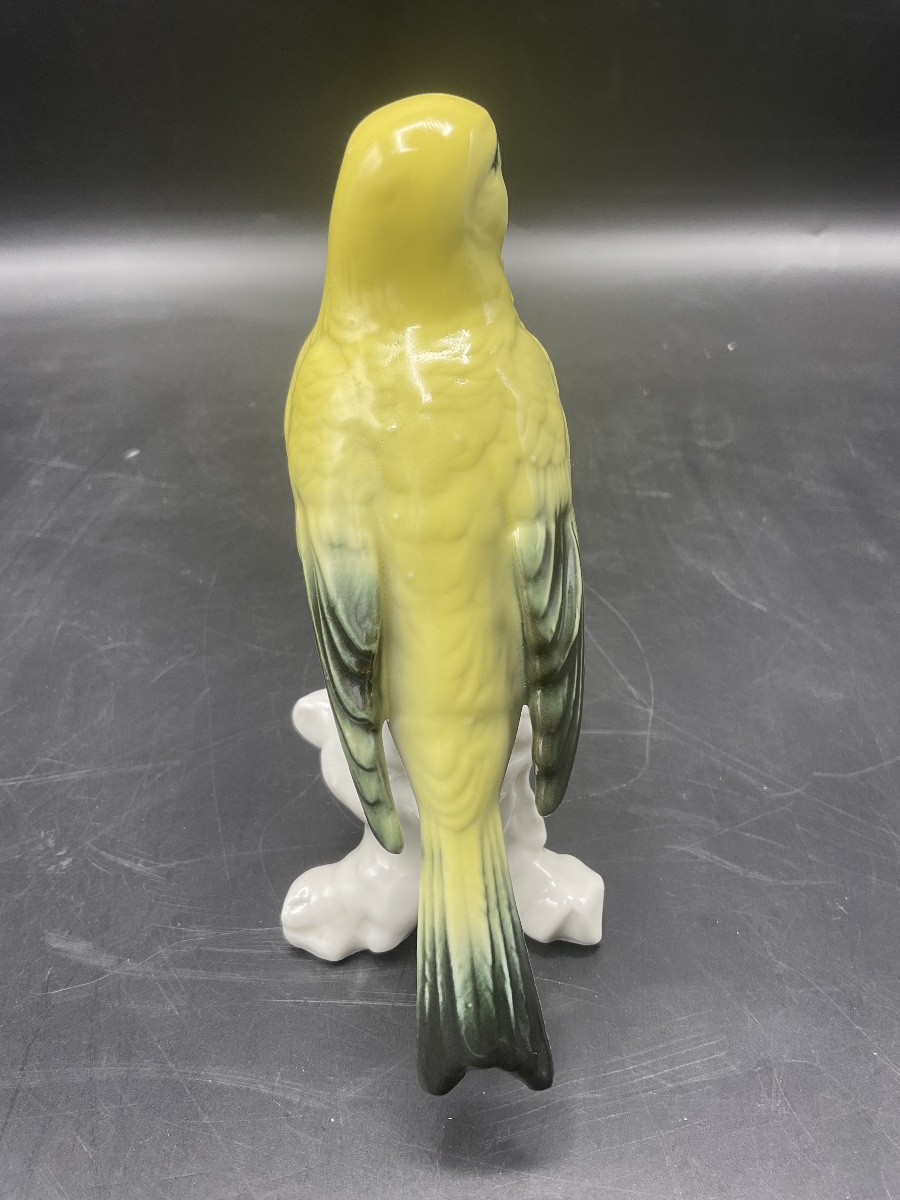 Canari perché sur une branche en porcelaine polychrome de la manufacture de Karl ENS.-photo-3