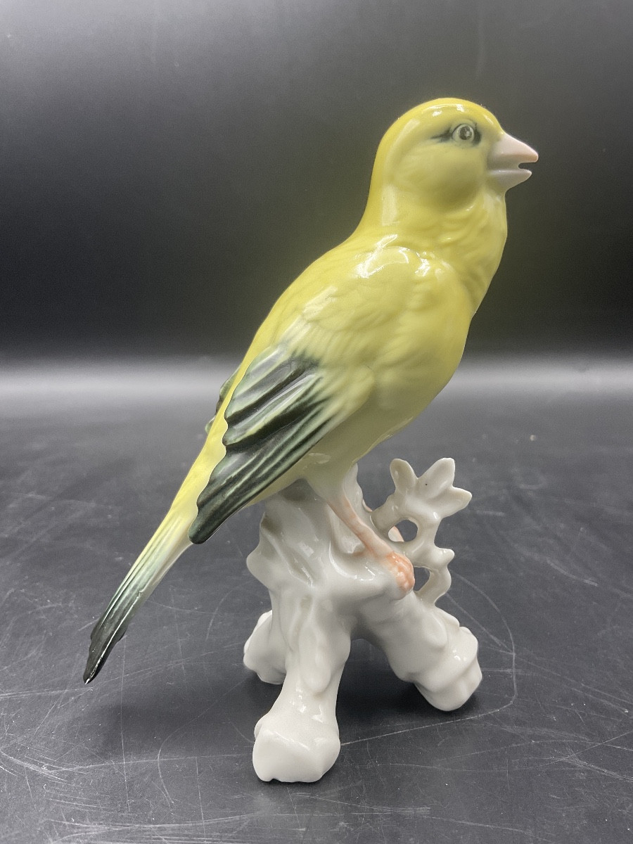 Canari perché sur une branche en porcelaine polychrome de la manufacture de Karl ENS.