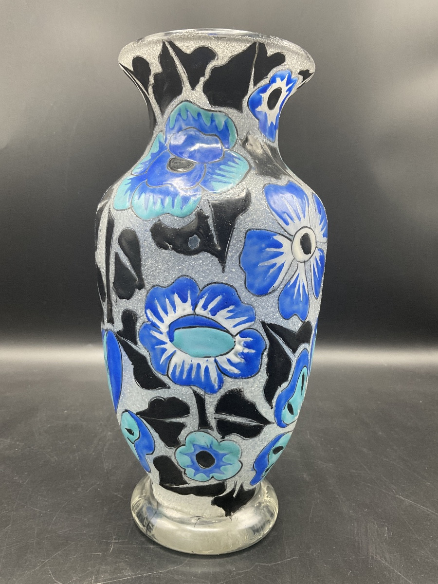 Art Deco Enameled Glass Vase Signed A. Mazoyer With Decoration Of Flowers And Foliage On A Frosted Background.-photo-2