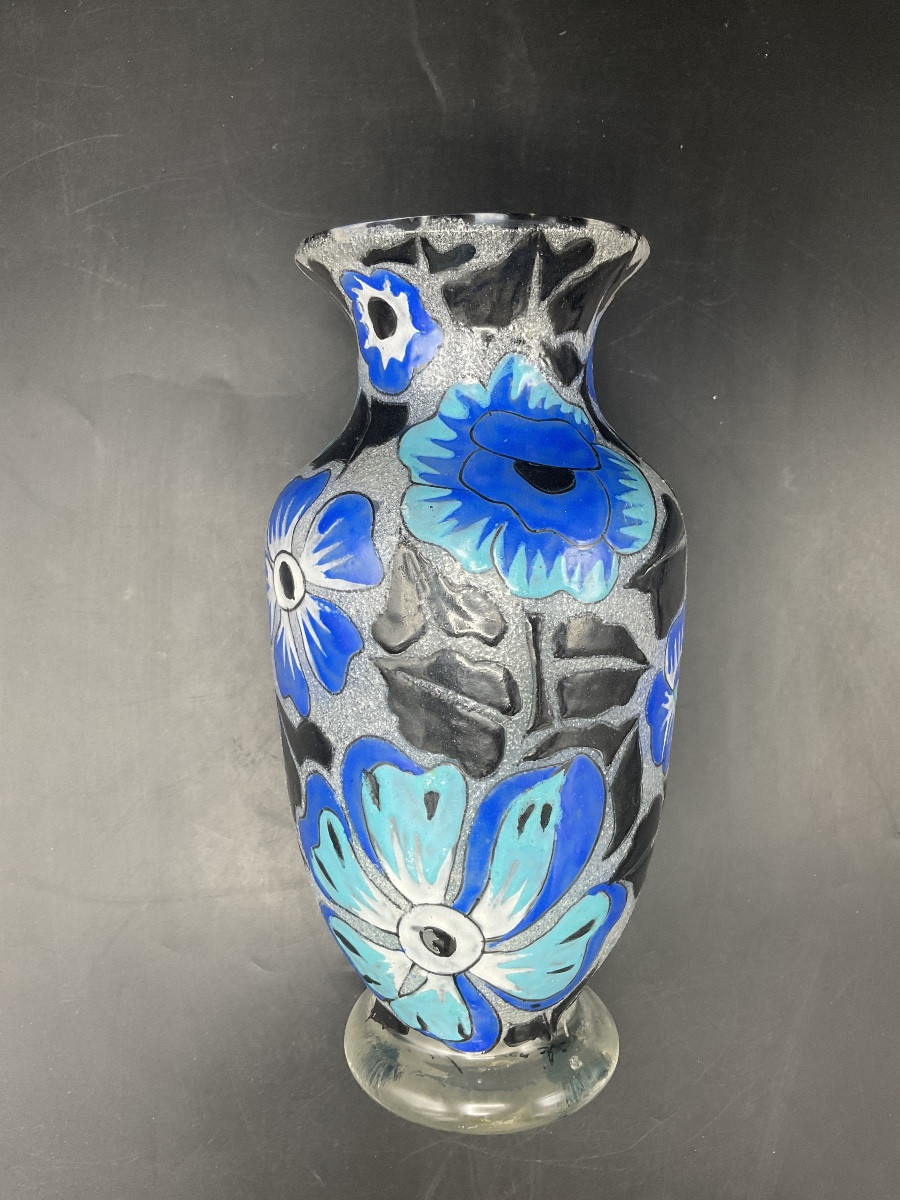 Art Deco Enameled Glass Vase Signed A. Mazoyer With Decoration Of Flowers And Foliage On A Frosted Background.-photo-1