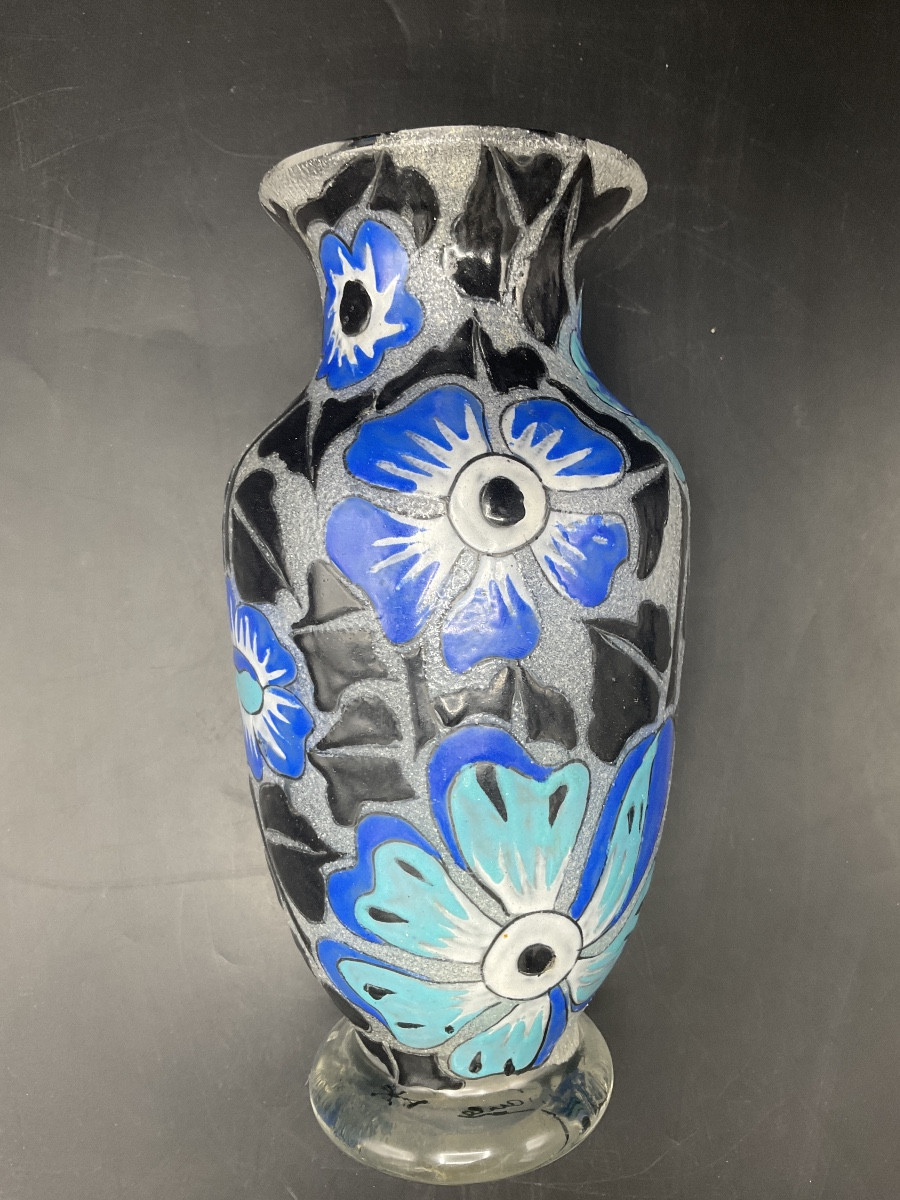 Art Deco Enameled Glass Vase Signed A. Mazoyer With Decoration Of Flowers And Foliage On A Frosted Background.-photo-2