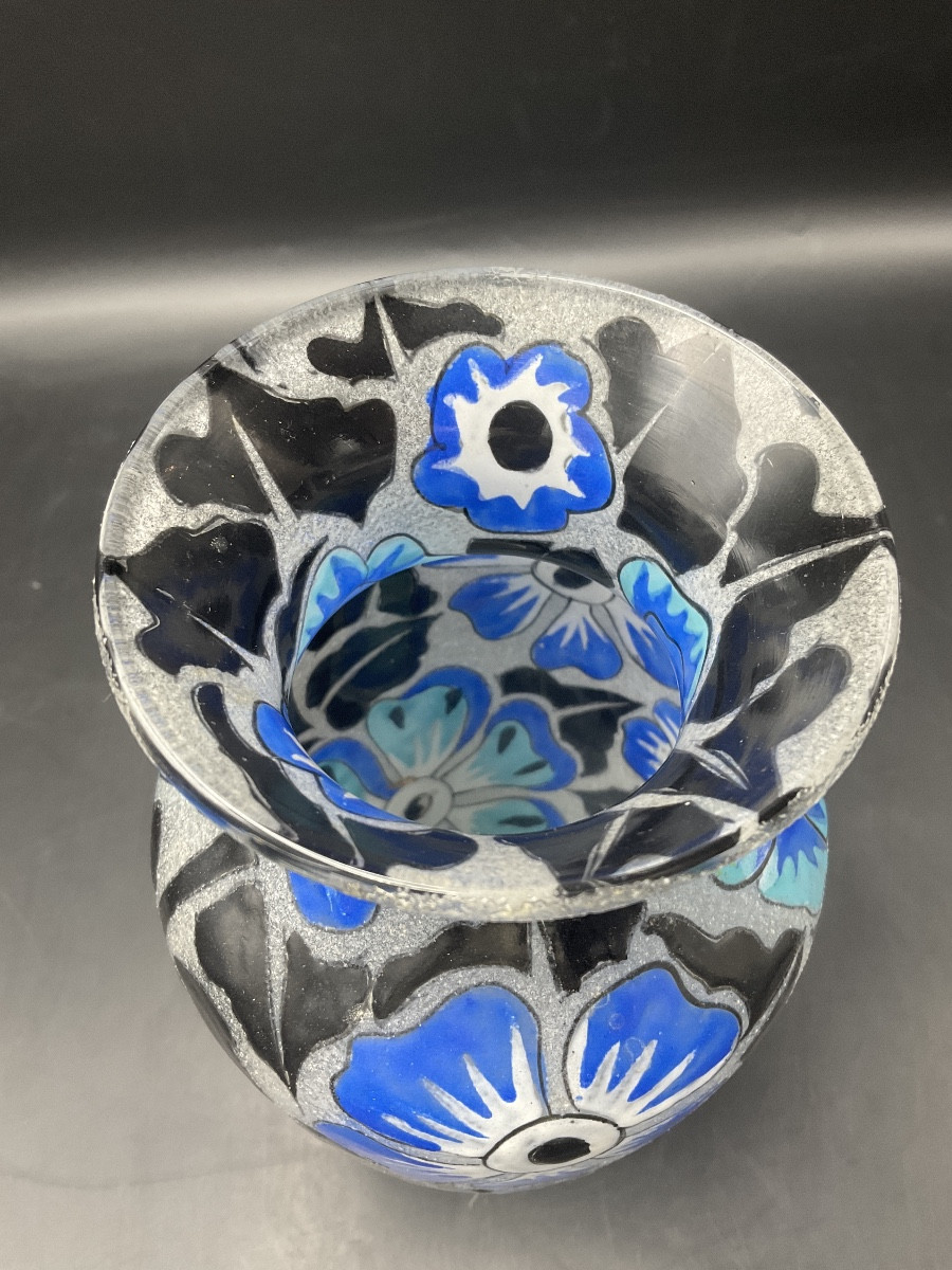 Art Deco Enameled Glass Vase Signed A. Mazoyer With Decoration Of Flowers And Foliage On A Frosted Background.-photo-3