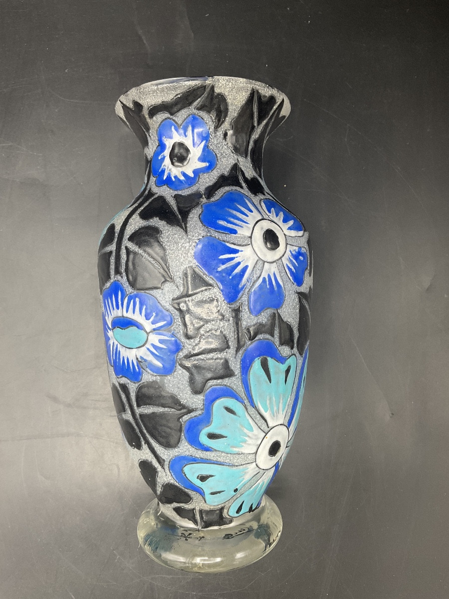 Art Deco Enameled Glass Vase Signed A. Mazoyer With Decoration Of Flowers And Foliage On A Frosted Background.-photo-4