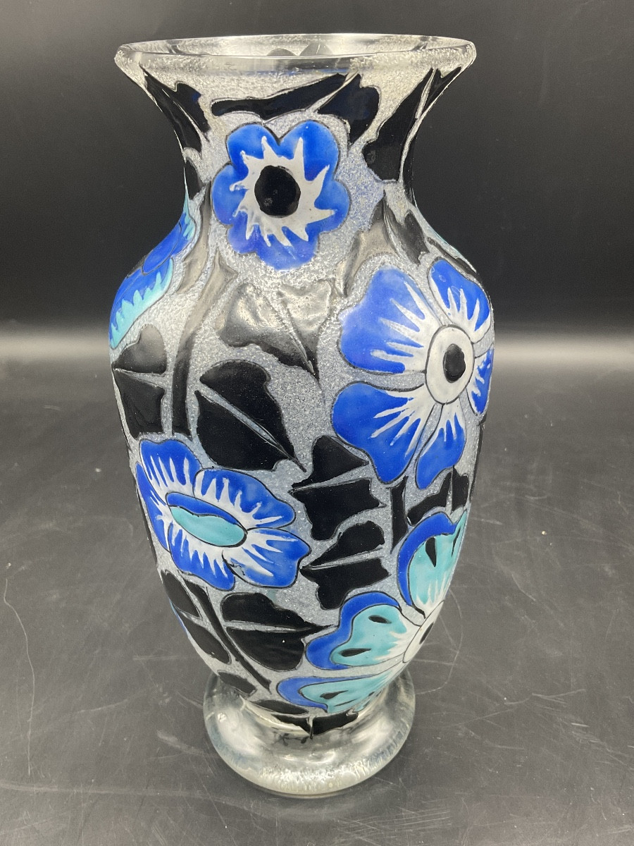 Art Deco Enameled Glass Vase Signed A. Mazoyer With Decoration Of Flowers And Foliage On A Frosted Background.-photo-7