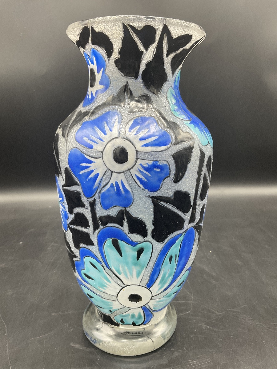 Art Deco Enameled Glass Vase Signed A. Mazoyer With Decoration Of Flowers And Foliage On A Frosted Background.-photo-8